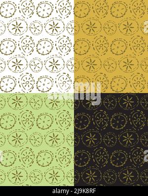 Motif ethnique ornemental sans couture. Forme d'encre dessinés à la main, symboles de style cercle, fleur, soleil de couleur jaune or. Couleur facile à modifier Illustration de Vecteur