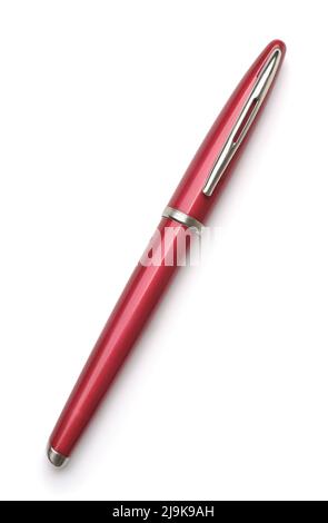 Vue de dessus du stylo plume rouge fermé isolé sur blanc Banque D'Images