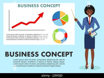 Femme d'affaires et graphique avec la ligne de tendance se levant et pièce avec un signe de dollar dans le style plat isolé. Graphique de recherche marché, diagrammes, graphiques fina Illustration de Vecteur