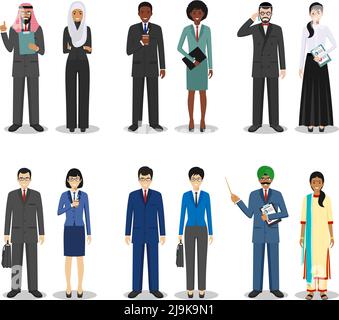 Illustration détaillée de divers employés d'affaires dans différents postes, dans un style plat sur fond blanc. Illustration de Vecteur