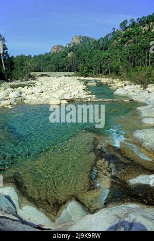 Ruisseau avec des blocs de granit à Solenzara, Corse, France, Mer méditerranée, Europe Banque D'Images