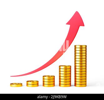 Piles de pièces de monnaie dorées et flèche rouge vers le haut isolées sur fond blanc Banque D'Images