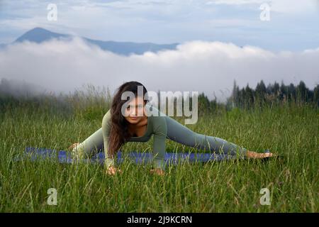 Femme sportive faisant du yoga avec une vue incroyable sur les montagnes vertes. Femme aux cheveux sombres et élancée qui profite de l'activité en plein air pendant l'été. Banque D'Images