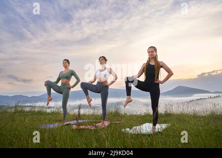 Fitness jeunes femmes dans des vêtements de sport faire des exercices de yoga à l'extérieur. Femmes actives et élancées debout sur un tapis de yoga avec des pieds-de-pied et étirant une jambe. Banque D'Images