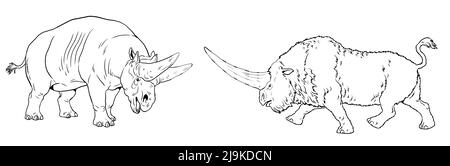 Rhinocéros préhistoriques - élastonium et arsinoitherium. Dessin avec des mammifères éteints. Dessin de silhouette pour livre de coloriage. Banque D'Images