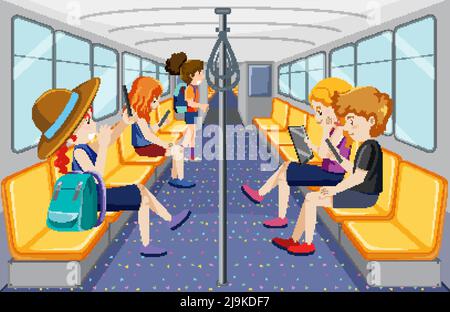 Intérieur du bus avec illustration des personnages de dessin animé des passagers Illustration de Vecteur