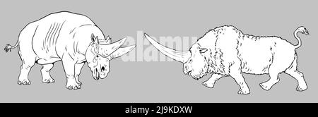 Rhinocéros préhistoriques - élastonium et arsinoitherium. Dessin avec des mammifères éteints. Dessin de silhouette pour livre de coloriage. Banque D'Images