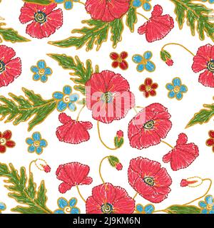 Motif ukrainien fleuri de pavot à fleurs brodées sans couture. Illustration ethnique vectorielle Illustration de Vecteur