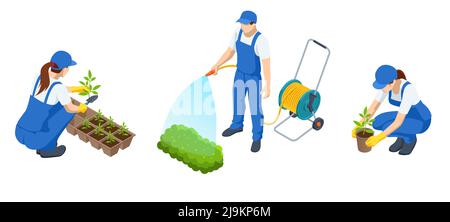 Jardiniers isométriques, agriculteurs et travailleurs s'occupant du jardin, cultivant des produits agricoles. Plantules dans des pots biodégradables, fermier avec un Illustration de Vecteur