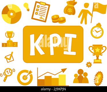 Affiche de concept KPI jaune. Ensemble d'icônes plates notion : indicateurs de performance clés. Illustration vectorielle pour la brochure, le site Web ou le décor d'application. Illustration de Vecteur