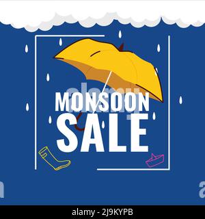 Monsoon solde Poster Design avec parasol, bateau, bateau en papier, gouttes d'eau sur fond blanc et bleu. Illustration de Vecteur