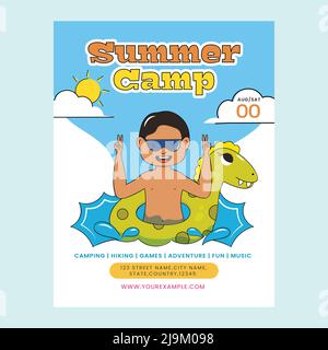 Summer Camp Flyer Design avec anneau de natation pour Garçon et dragon de dessin animé en bleu et blanc pour la publicité. Illustration de Vecteur