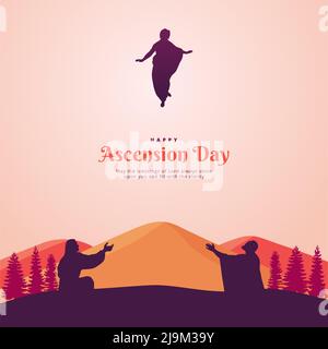 Happy Ascension Day avec Jesus Silhouette, gens, arbres, montagnes Illustration vectorielle. Selamat hari kenaikan ISA Almasih Illustration de Vecteur