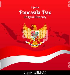 Pancasila Day 1 juin, unité dans la diversité. L'idéologie indonésienne avec Symbol Bird Garuda, l'île indonésienne et le drapeau rouge blanc. Vector Illustration Nation Illustration de Vecteur