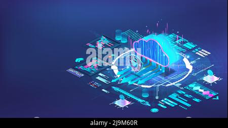 Stockage dans le cloud et Big Data en vue isométrique. Bannière Web bleue Illustration de Vecteur