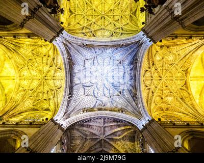 Voûte en étoile de style gothique en face de la chapelle principale - Cathédrale de Séville, Espagne Banque D'Images