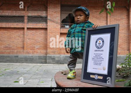 Katmandou, Népal. 24th mai 2022. Le 24 mai 2022 à Katmandou, Népal. Titulaire du record du monde Guinness des hommes les plus courts vivant dans l'adolescent Dor Bahadur Khapangi détient le certificat du record du monde Guinness alors qu'il pose pour la photo à la prémèse du bureau de l'Office du tourisme du Népal. Mesure de la hauteur de Khapangi il est de 73,43 cm (2ft 4,9 pouces) (photo par Abhishek Maharajan/Sipa USA) Credit: SIPA USA/Alay Live News Banque D'Images