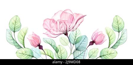 Aquarelle rose composition florale de fleurs roses, de bourgeons et de feuilles d'eucalyptus. Grande bordure horizontale. Illustration transparente dessinée à la main pour le mariage Banque D'Images