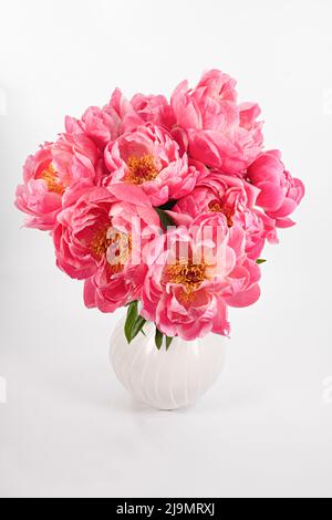 Un grand bouquet de magnifiques pivoines roses dans un vase blanc photographié sur un fond blanc Uni Banque D'Images