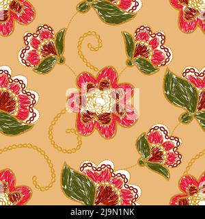 Motif brodé de fleurs rouges ukrainien sans couture sur beige. L’art folklorique vectoriel floral Illustration de Vecteur