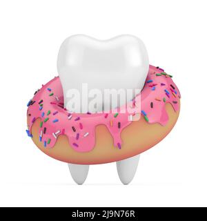 Pied blanc avec Big Strawberry Rose vitrifié Donut sur fond blanc. 3D rendu Banque D'Images