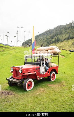 Jeune femme latine à Jeep Willys dans la vallée de Cocora, Salento, Colombie, Amérique du Sud Banque D'Images