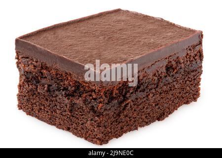 Carré de gâteau au chocolat avec glaçage au chocolat isolé sur blanc. Banque D'Images