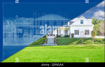 Avant et après de Custom House Blueprint dessin à la construction finie. Banque D'Images