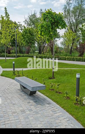 Banc de parc rectangulaire en granit de pierre de vent sur fond de pelouse avec herbes ornementales et arbres dans le parc de la ville Banque D'Images