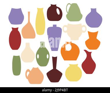 Ensemble d'illustrations vectorielles de vases floraux de style plat. Éléments pour la conception de vases décoratifs de différentes couleurs, isolés sur blanc Illustration de Vecteur