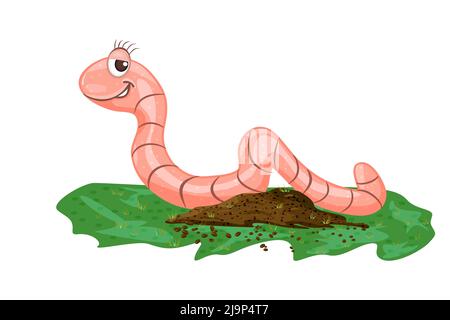 Ver de terre sur le tas de terre isolé sur fond blanc.mascotte ver de craton.drôle ver de terre character.Organic concept d'agriculture.Illustration vectorielle Illustration de Vecteur
