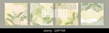 Ensemble carré abstrait vectoriel tendance avec éléments floraux et plantes. Adapté aux publications dans les réseaux sociaux et les applications mobiles. VEC Illustration de Vecteur
