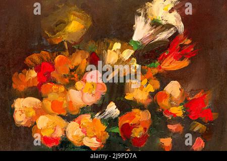 Détail de peinture à l'huile sur toile représentant des fleurs bouquet dans un vase, style impressionniste. Banque D'Images