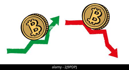 Icône d'esquisse Bitcoin avec flèches de montée et d'écrasement. Concept de crypto-monnaie. Transactions monétaires numériques. Illustration de Vecteur