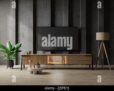 TV dans le salon moderne avec table et plante sur fond de mur de béton.3D rendu Banque D'Images