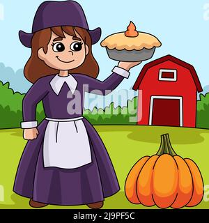 Illustration du dessin animé de Thanksgiving Pilgrim Girl Illustration de Vecteur