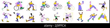 Ensemble d'illustrations vectorielles linéaires colorées de personnages isolés divers faisant de la forme physique et jouant à des jeux de sport. Sports inclusifs pour les personnes handicapées. Football américain, vie saine. Illustration de Vecteur