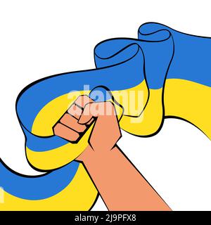 Main humaine tenant le drapeau ukrainien pour protester contre l'invasion militaire russe de l'Ukraine. Caricature personne forte qui élève le poing dans l'illustration du vecteur plat de combat. Arrêter la guerre, sauver l'Ukraine concept Illustration de Vecteur