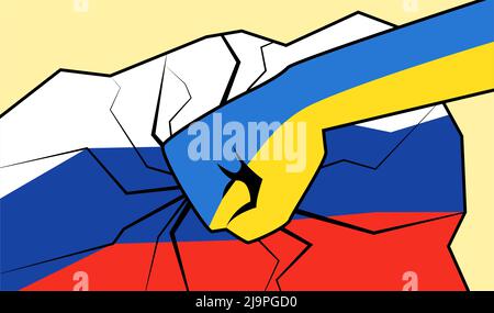 Forte grève des poinistes dans les couleurs nationales jaune bleu sur le drapeau russe. Lutte et unité de l'armée ukrainienne et des citoyens contre la violence de guerre illustration vectorielle plate. Patriotisme, victoire, concept de liberté Illustration de Vecteur