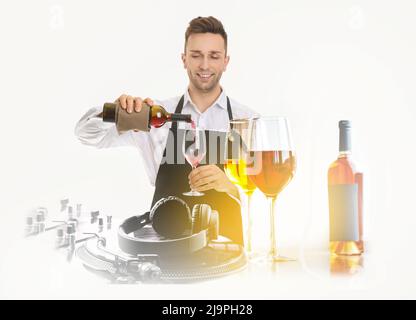 Collage avec un beau barman, un DJ et des vins sur fond blanc Banque D'Images