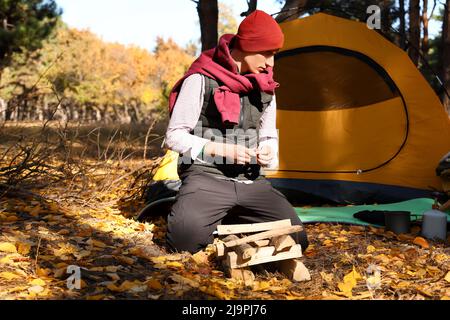 Touriste mâle avec bois de chauffage en forêt Banque D'Images