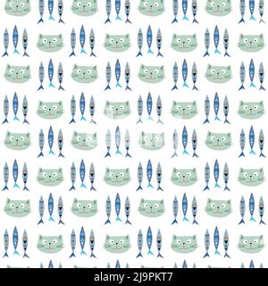 Motif avec poissons et tête de chatons. Illustration vectorielle isolée sur fond blanc. Illustration de Vecteur