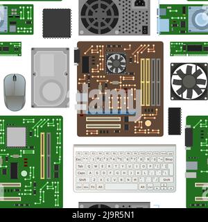 Pièce de rechange pour ordinateur personnel. Motif sans couture. Mémoire RAM de la carte. Alimentation disque dur. Accessoires pour PC ou ordinateur portable. Clavier et souris. Isolé Illustration de Vecteur