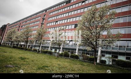 Berlin, Allemagne. 15th avril 2022. Des arbres fleuris se trouvent en face d'un bâtiment du 'Deutsche Rentenversicherung Bund' dans le quartier de Lichtenberg. Credit: Stefan Jaitner/dpa/Alay Live News Banque D'Images