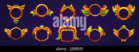 Cadres d'avatar doré, badges de récompense de jeu isolés en arrière-plan. Ensemble de dessins animés vectoriels de réalisations vides emblèmes avec des bordures dorées décoratives différentes formes Illustration de Vecteur