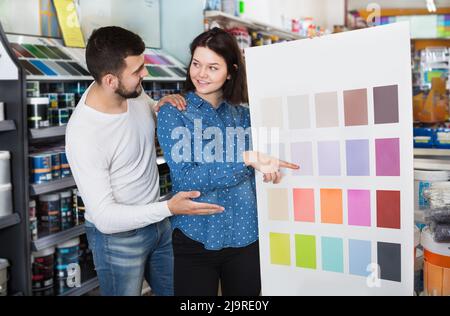 Couple décidant de la meilleure combinaison de couleurs Banque D'Images