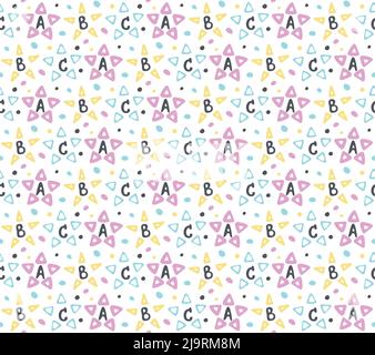 Étoiles pour bébé, motif ABC sans coutures. Dessin à la main, motif de pinceau à motif de caniche, police alphabétique, palette de couleurs vives neutres de genre. Imprimés pour la chambre de bébé Illustration de Vecteur
