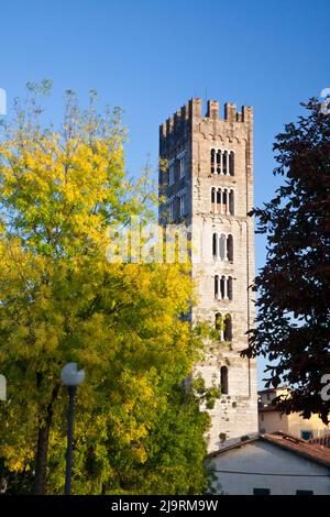 Italie, Toscane, Lucques. La tour de la Basilique Di San Frediano dans la ville historique de Lucques. Banque D'Images