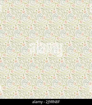 Motif automnal sans couture dessiné à la main, motif scandinave. Feuilles de chêne, glands, baies, dessin de dessins animés. Contours multicolores Illustration de Vecteur