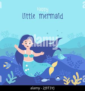 Jolie petite sirène avec poisson, algues et coquillages. Affiche carrée tropicale avec paysage du monde sous-marin, des animaux marins et des plantes. Ven Illustration de Vecteur
